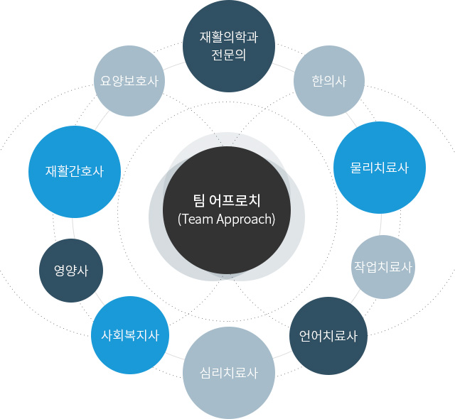 팀 어프로치(Team Approach)
                    1.재활의학과 전문의 
                    2.한의사
                    3.물리치료사
                    4.작업치료사
                    5.언어치료사
                    6.심리치료사
                    7.사회복지사
                    8.영양사
                    9.재활간호사
                    10.요양보호사